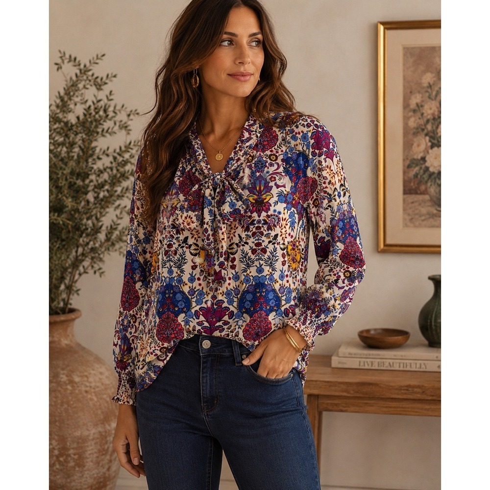 Chic Boho Floral Paisley Blouse Smocked Cuff Preppy Artsy Cottagecore Sz M